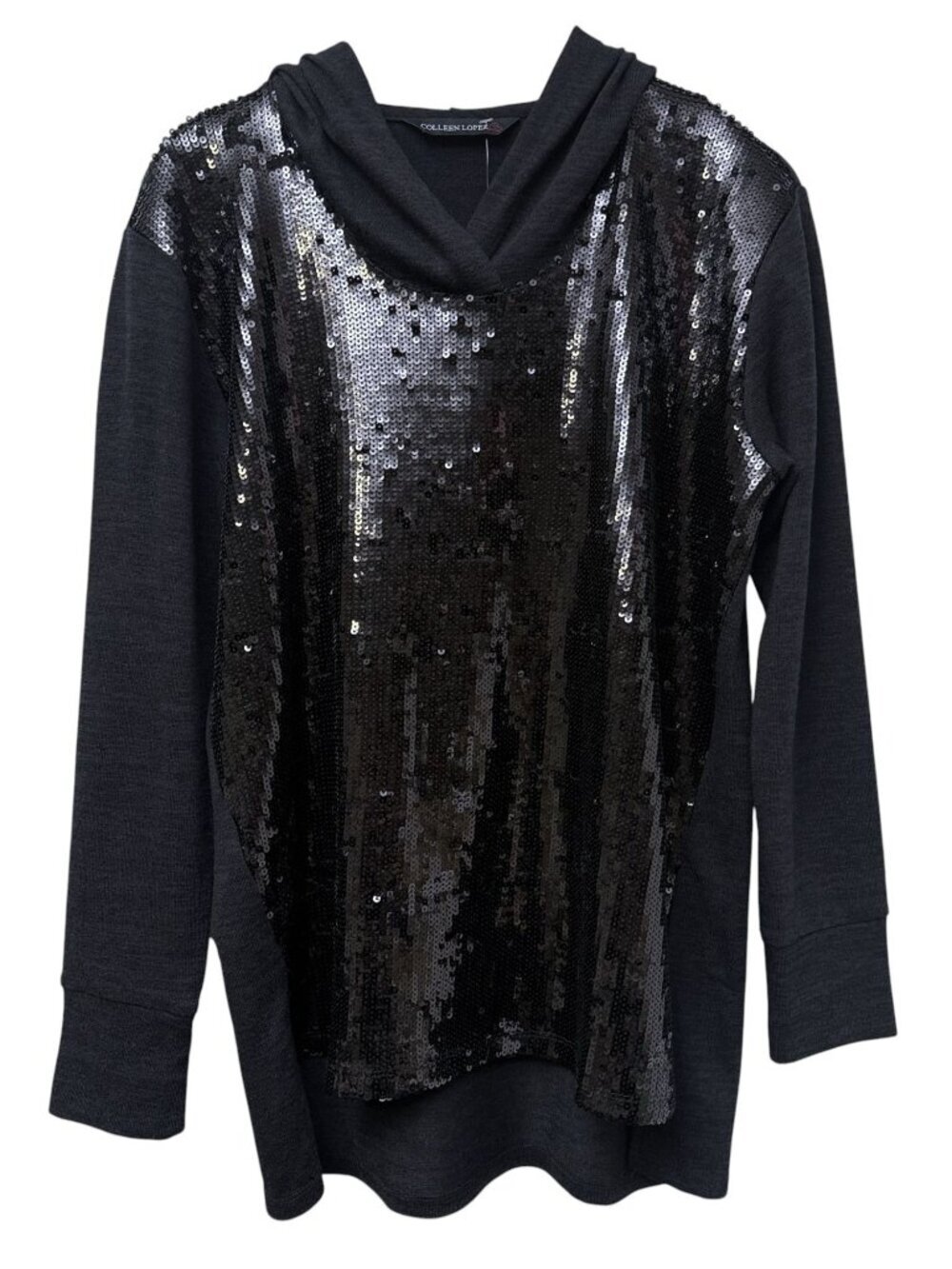 Colleen Lopez Sequin Hoodie Sweater Womens Medium Black Knit NWOT HSN